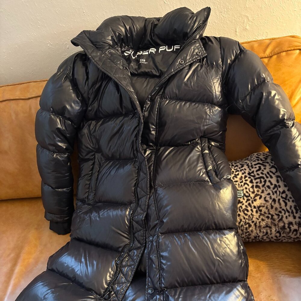 Aritzia 'super puff' hi-gloss black down coat, long, women's XXS